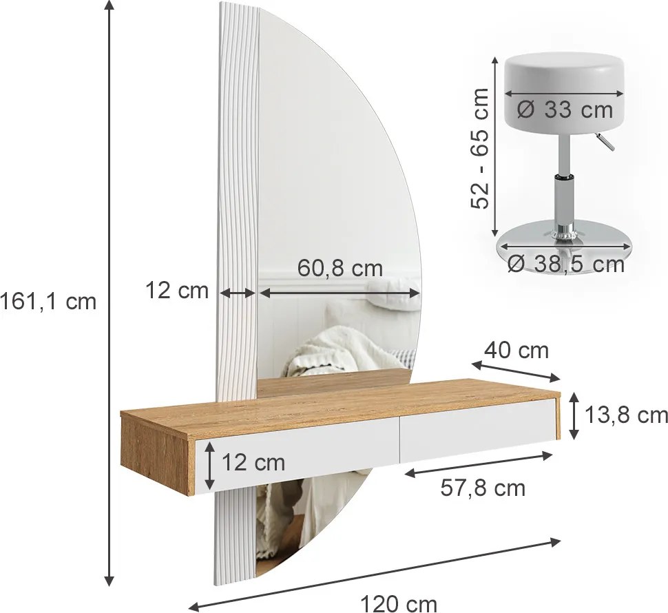 Masuta machiaj cu Oglinda LED si 2 Sertare pentru Cosmetice, Set Masa toaleta 120 cm, Alb, masuta vanity cu Riflaj, cosmetica - SEM236
