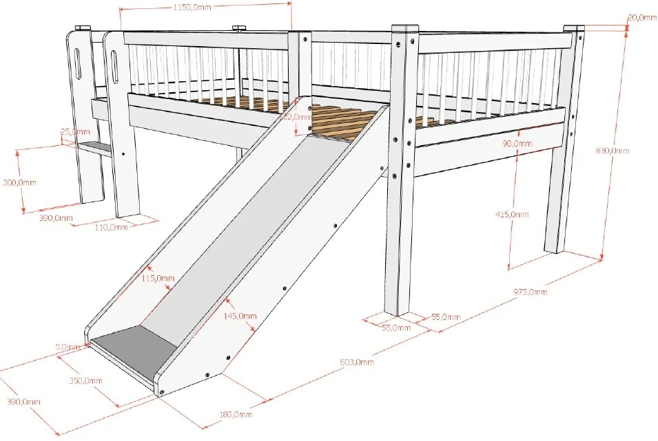 Pat Semi-Înălțat (Mid Sleeper) Forrest Beech 90x200 cm, pentru Camera Copii, din Lemn de Fag Lăcuit Alb, cu Tobogan și Sertare – Vipack