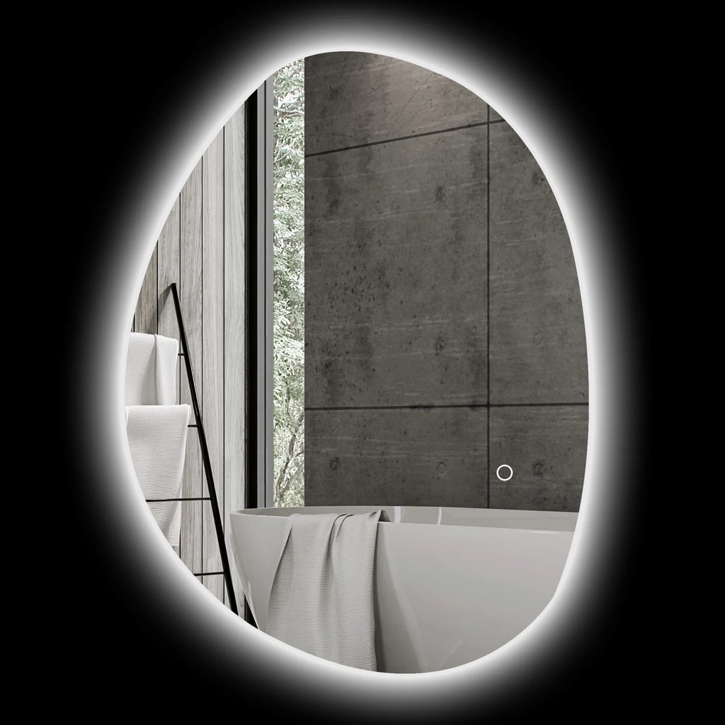 HOMCOM Oglindă de Baie Asimetrică LED 70 x 50 cm - 3 culori, anti-abur, montare murală cu comutator tactil | Aosom Romania