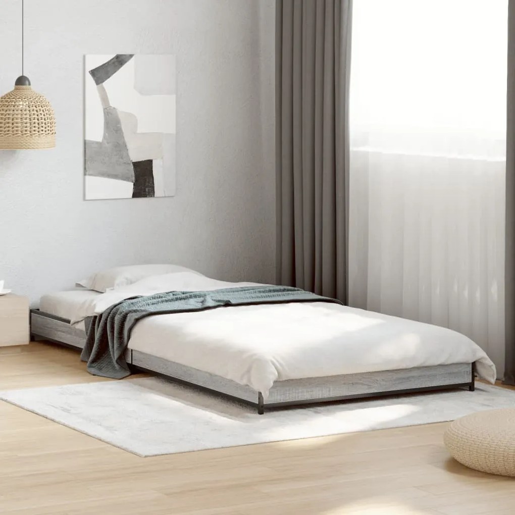 vidaXL Cadru de pat, gri sonoma, 90x200 cm, lemn prelucrat și metal