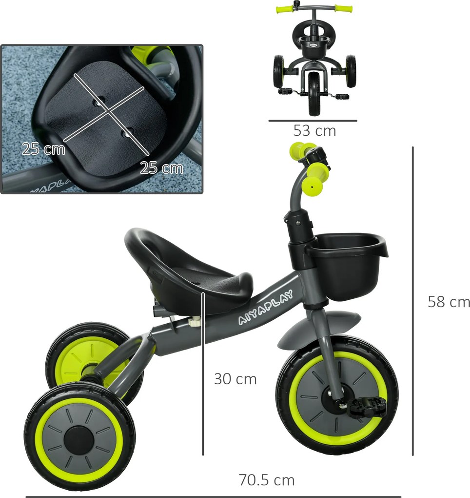 AIYAPLAY Tricicletă pentru Copii cu Scaun Reglabil, Bicicletă pentru Copii cu Coș și Clopoțel, 70.5x53x58 cm, Negru | Aosom Romania