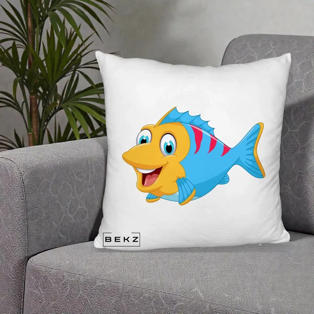 Perna Decorativa Peste Vesel Cartoon, 40x40 cm, Alb Pufos, Husa Detasabila, Perna Inclusa, BEKZ®