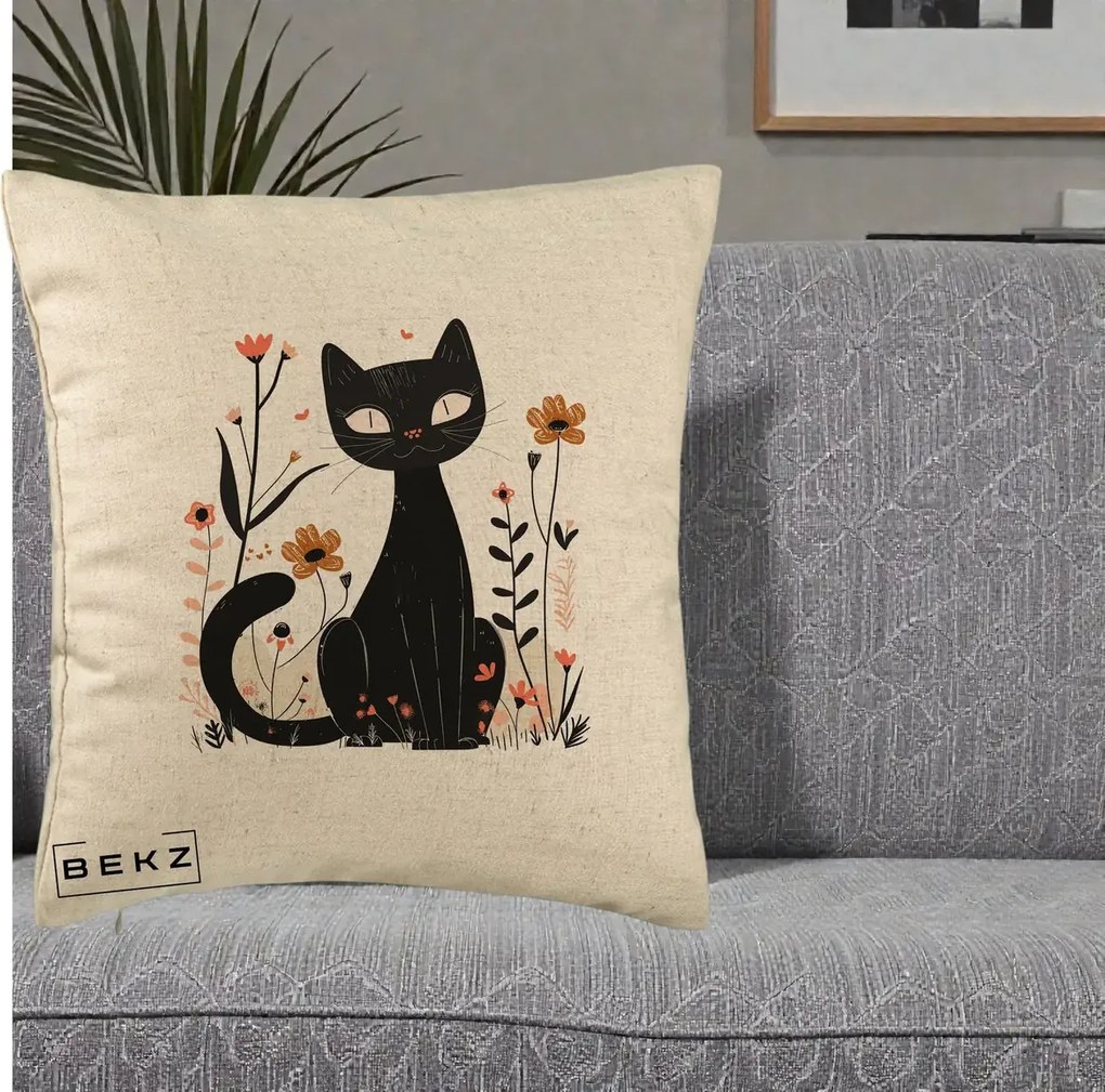 Perna Decorativa Pisica Neagra Flori Pastel Folk, 40x40 cm, Bej, Husa Detasabila, Perna Inclusa, BEKZ®
