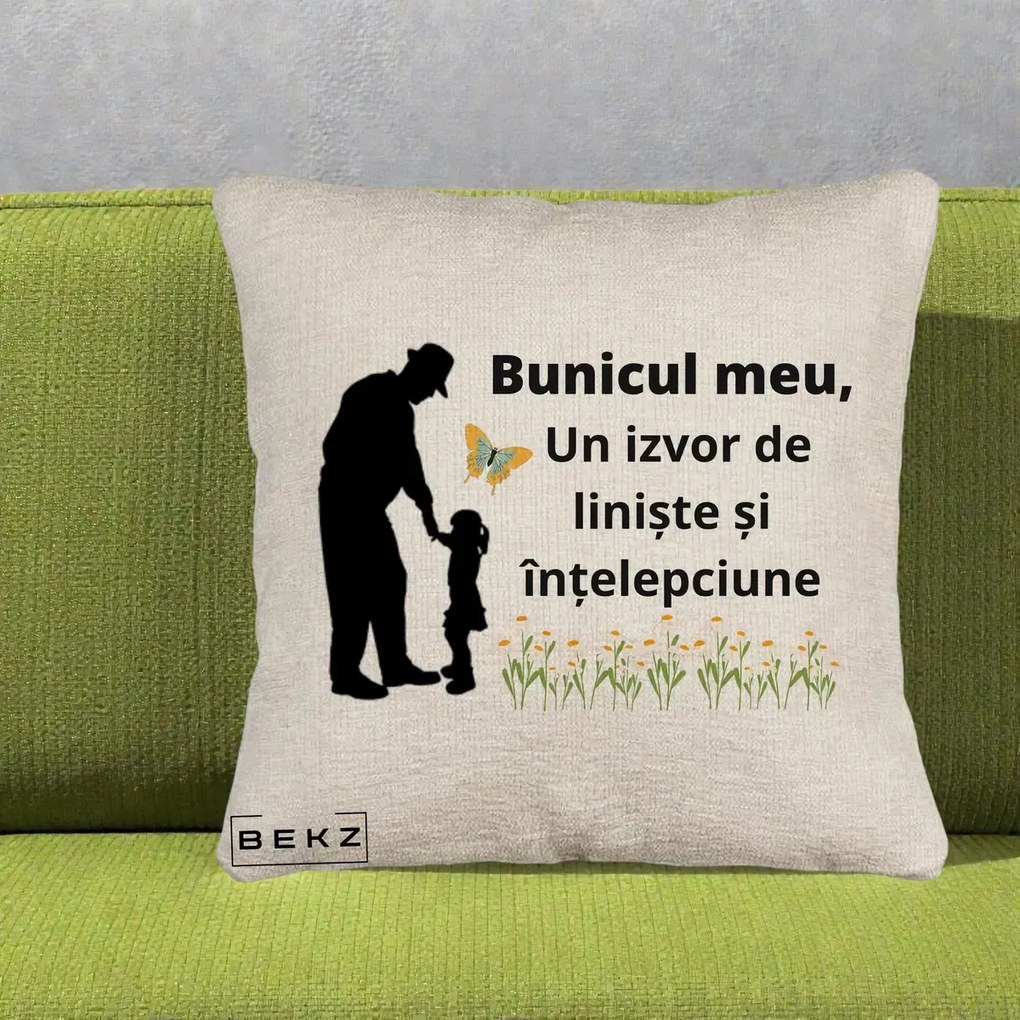 Cadou pentru Bunic - Perna Personalizata Bunicul Meu Izvor de Liniste cu Fluture si Fetita, 40x40 cm, Bej Canapea, Husa Detasabila, Perna Inclusa, BEKZ®
