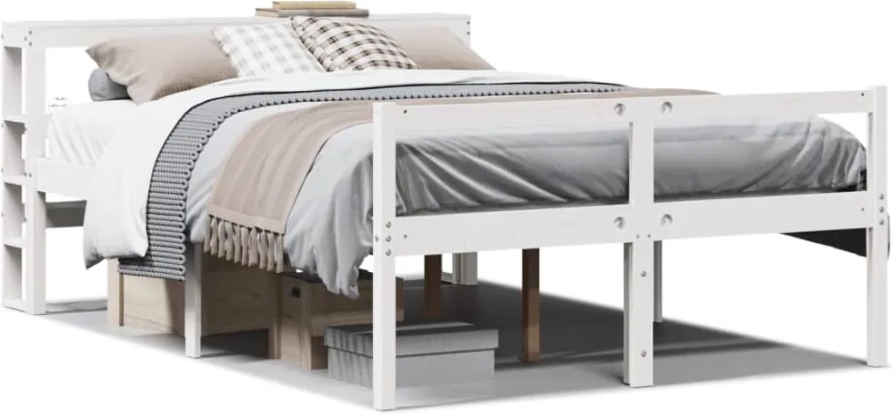 vidaXL Cadru de pat senior cu tăblie, 140x190 cm, alb, lemn masiv pin