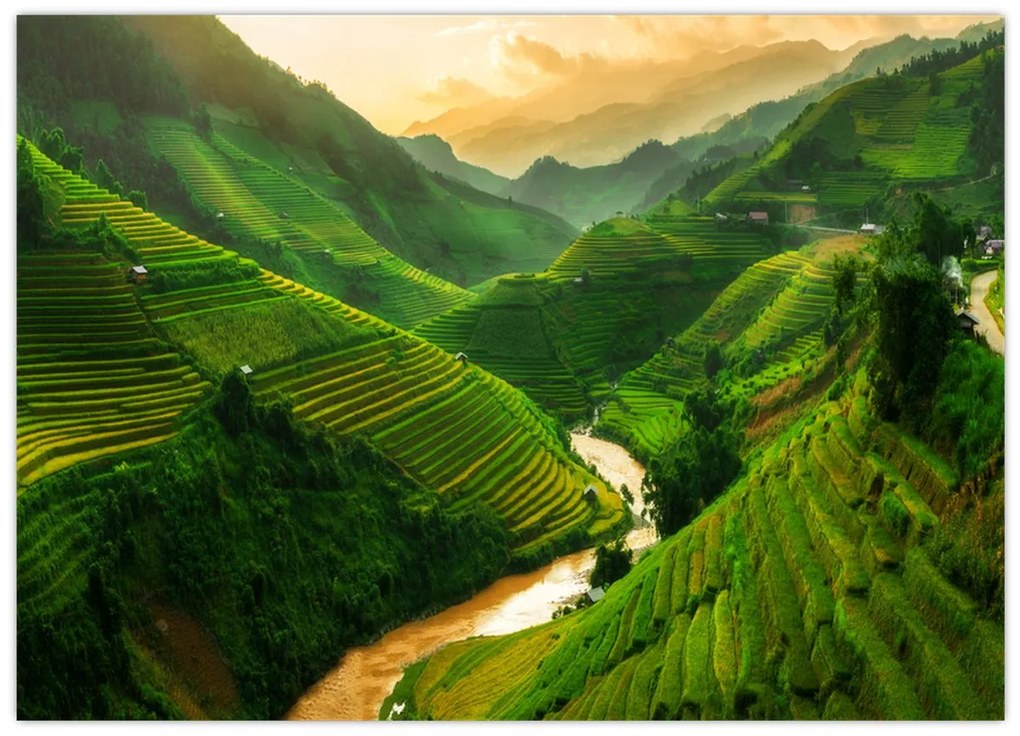 Tablou pe sticlă - Terase de orez Mu Cang Chai (70x50 cm)