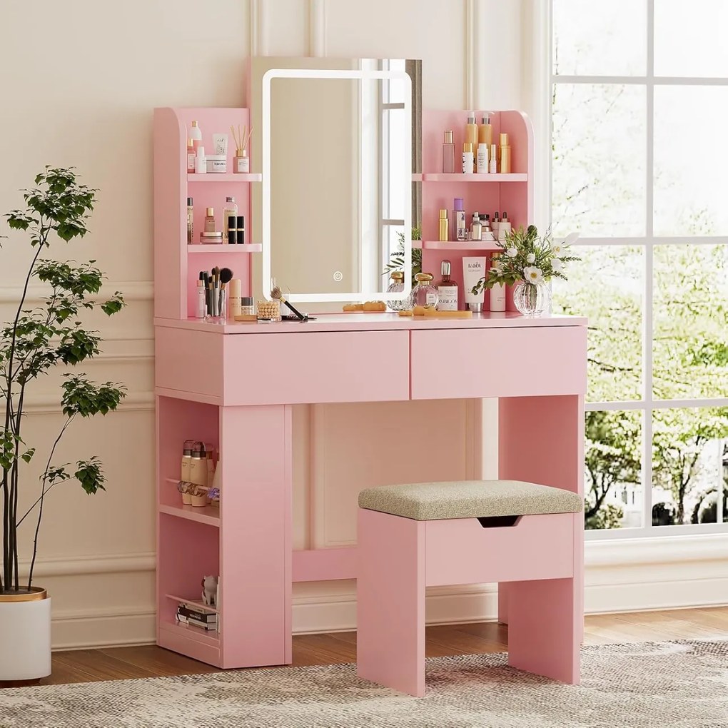 Masuta machiaj cu Oglinda LED si 2 Sertare pentru Cosmetice, Set Masa toaleta 90 cm, Alb / Negru / Roz, masuta cosmetica, vanity - SER203