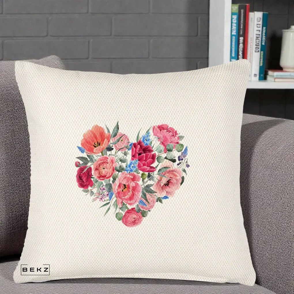 Perna Decorativa Inima din Bujori Acuarela, 40x40 cm, Crem Reliefat, Husa Detasabila, Perna Inclusa, BEKZ®