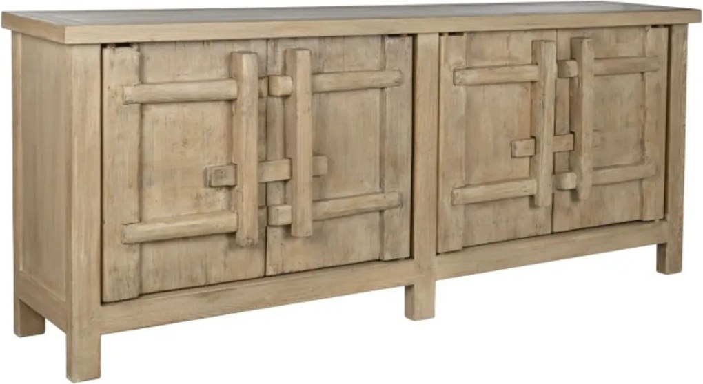Bufet din lemn de ulm reciclat, natur, cu 4 uși și decor geometric în relief, aspect rustic, finisaj natural, 96 x 230 x 48 cm, „Ervino”