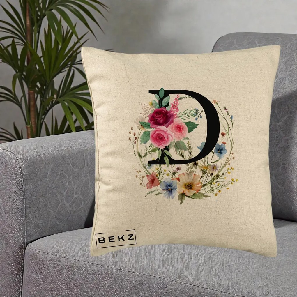 Cadou Personalizat - Perna Personalizata Monogram Litera D cu Flori Acuarela, 40x40 cm, Bej, Husa Detasabila, Perna Inclusa, BEKZ®