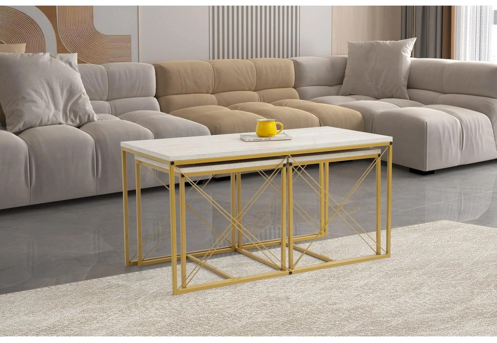 Set 3 măsuțe cafea Defenella (Marmură + Auriu). 1107089