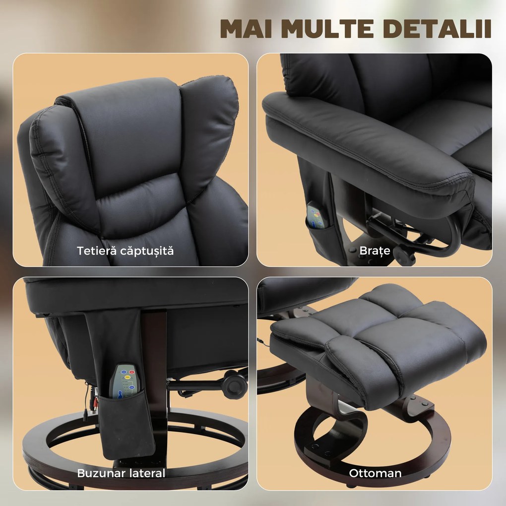 HOMCOM Scaun cu Puf Suport pentru Picioare și Funcție de Masaj, Reclinabil la 145° și Rotativ la 360°, Negru | Aosom Romania