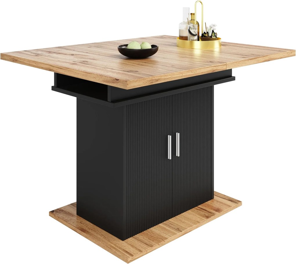 Masă extensibilă de sufragerie cu 3 niveluri de depozitare, 110-140×70×76 cm, Negru