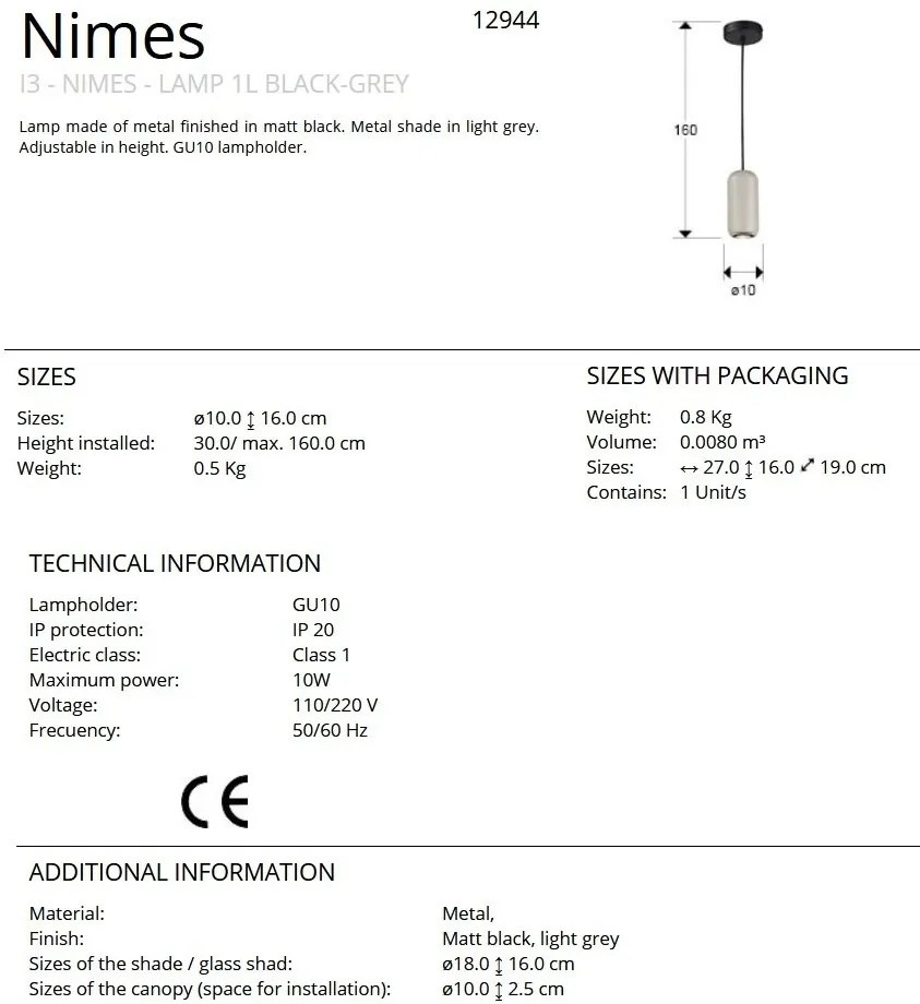 Pendul din metal gri deschis Nimes