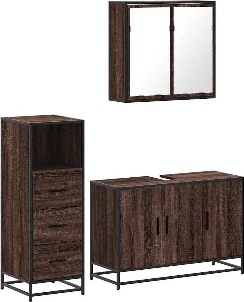 vidaXL Set mobilier de baie, 3 piese, stejar maro, lemn prelucrat