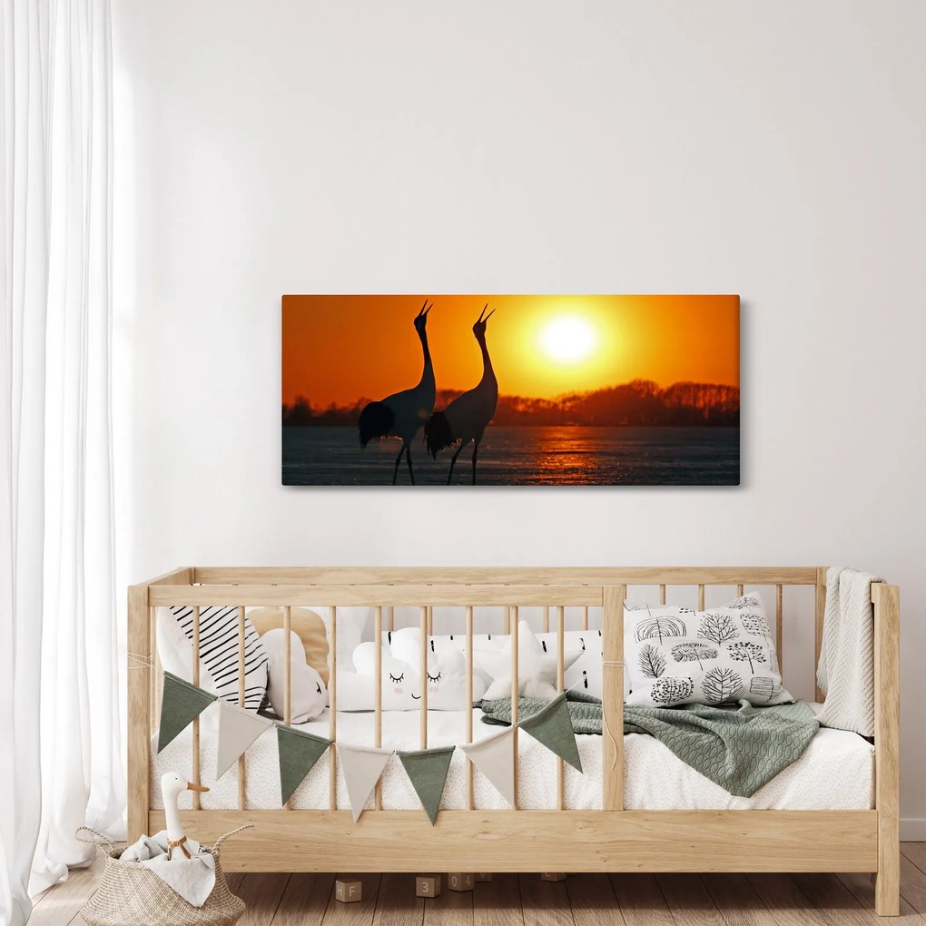 Tablou cu păsări în apus de soare (120x50 cm)
