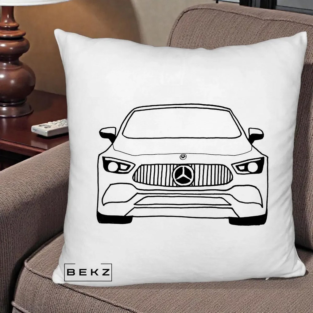 Perna Personalizata Mercedes-Benz Fata Linie, 40x40 cm, Alb Pufos, Husa Detasabila, Perna Inclusa, BEKZ®