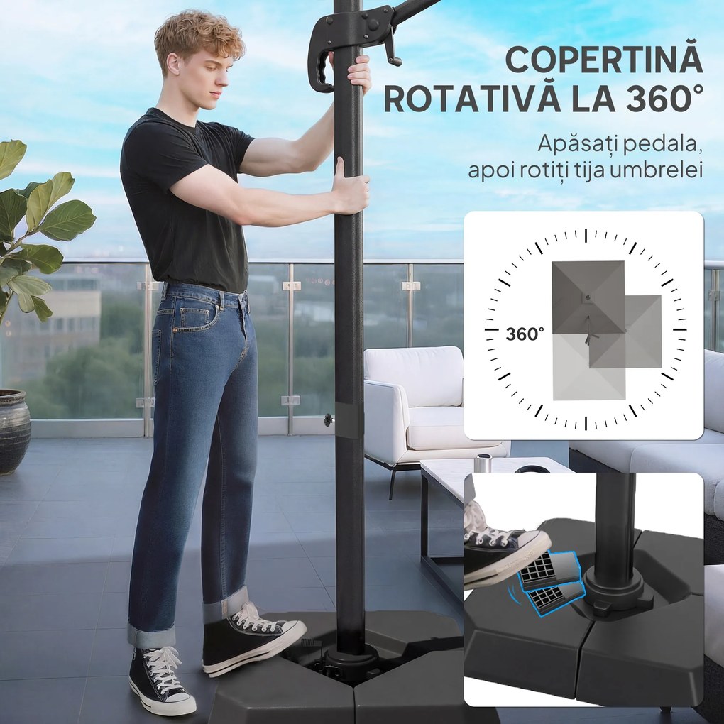 Outsunny Umbrelă Decentralizată de Grădină cu Manivelă 3x3m și Bază cu Greutăți Umplibile, Umbrelă de Exterior Pătrată Inclinabilă și Rotativă 360°, din Aluminiu pentru Terasă sau Piscină, UV30+, Gri Închis | Aosom Romania