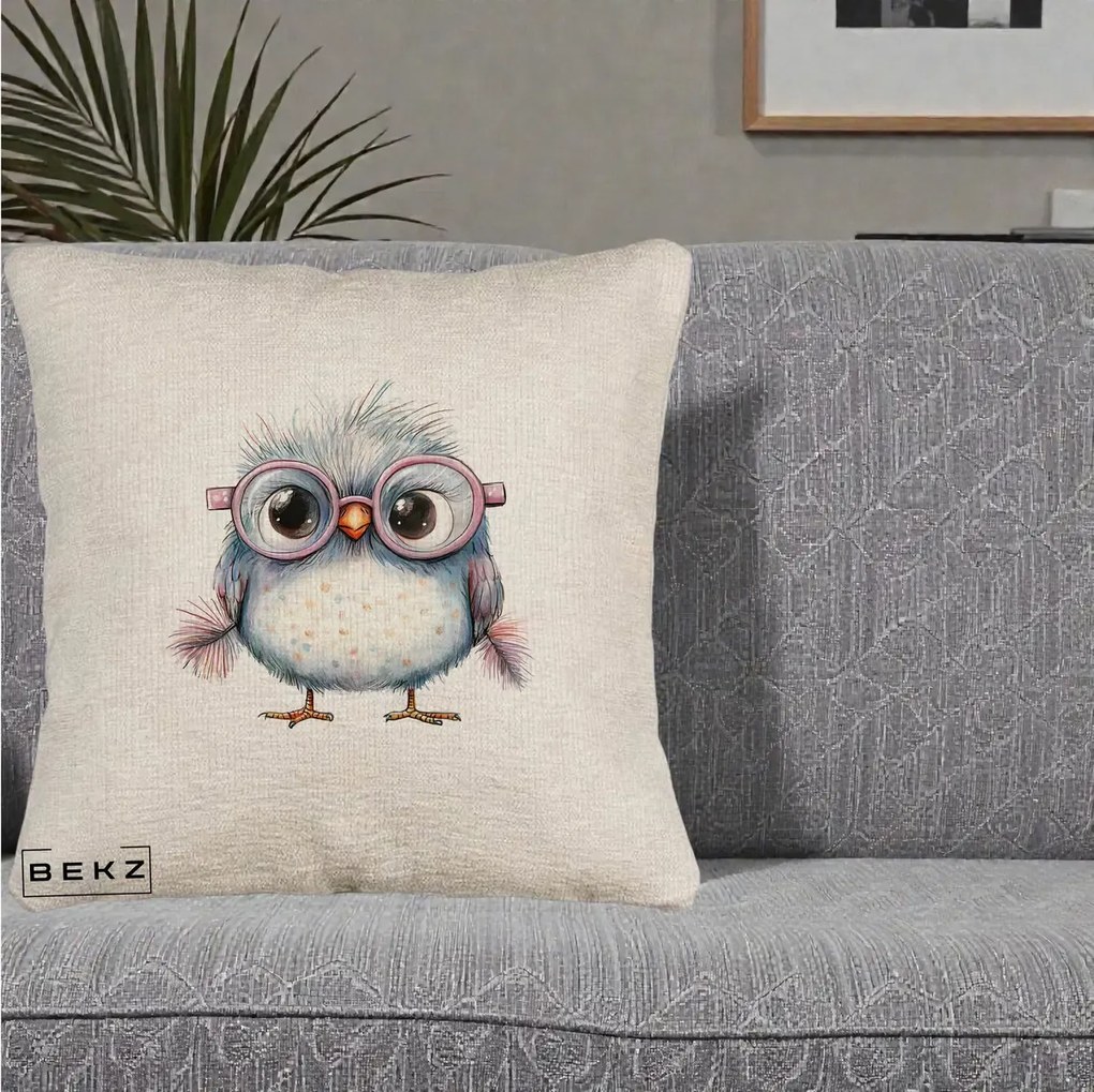 Perna Decorativa Pui Pufos cu Ochelari Roz, 40x40 cm, Bej Canapea, Husa Detasabila, Perna Inclusa, BEKZ®