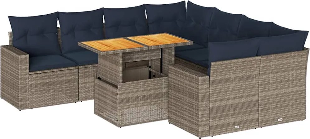 vidaXL Set canapele de grădină, 9 piese, cu perne, gri, poliratan