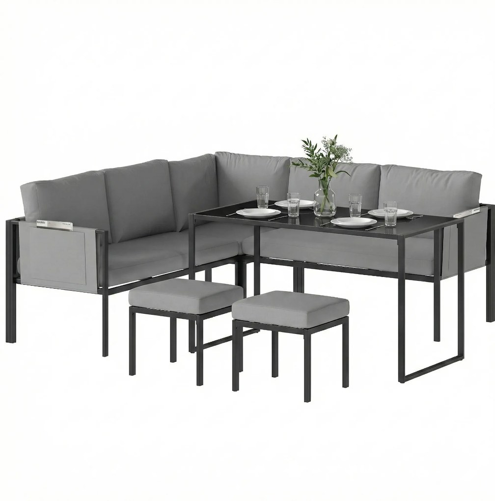 Outsunny Set mobilier de grădină Canapea colț exterior 6 piese Perne 10cm Masă înaltă și 2 taburete Gri | Aosom Romania