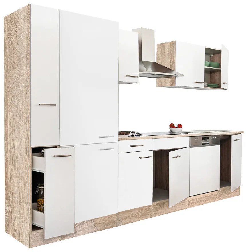 Mobilă de bucătărie Yorki 310, corp din stejar sonoma, față alb satinat, dulap cu raft