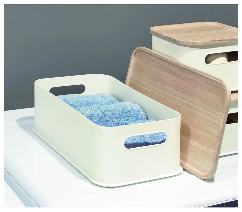 Cutie depozitare cu capac din lemn paulownia iDesign Eco Handled, 21,3 x 43 cm, alb