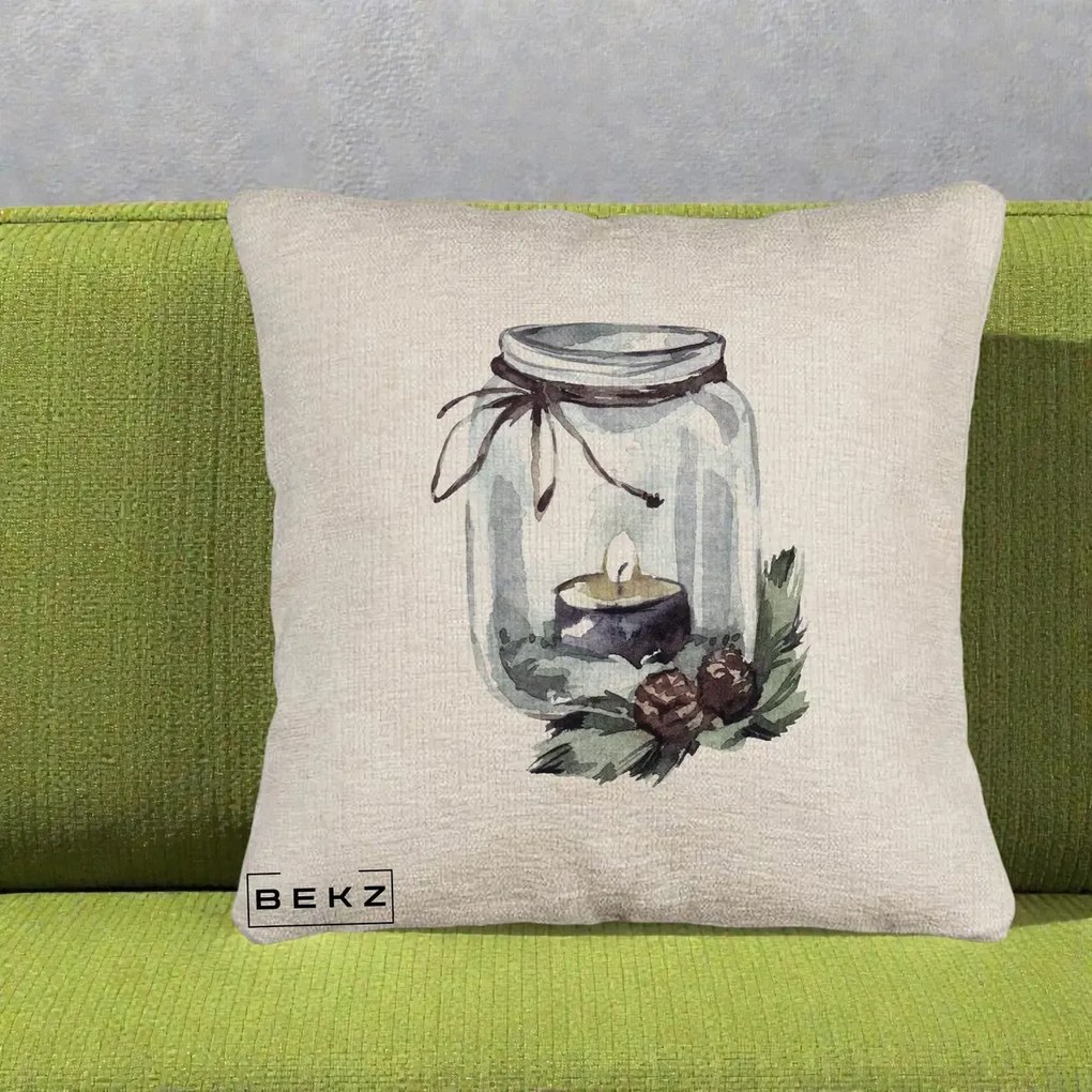 Perna Decorativa Felinar cu Lumanare si Conuri, 40x40 cm, Bej Canapea, Husa Detasabila, Perna Inclusa, BEKZ®