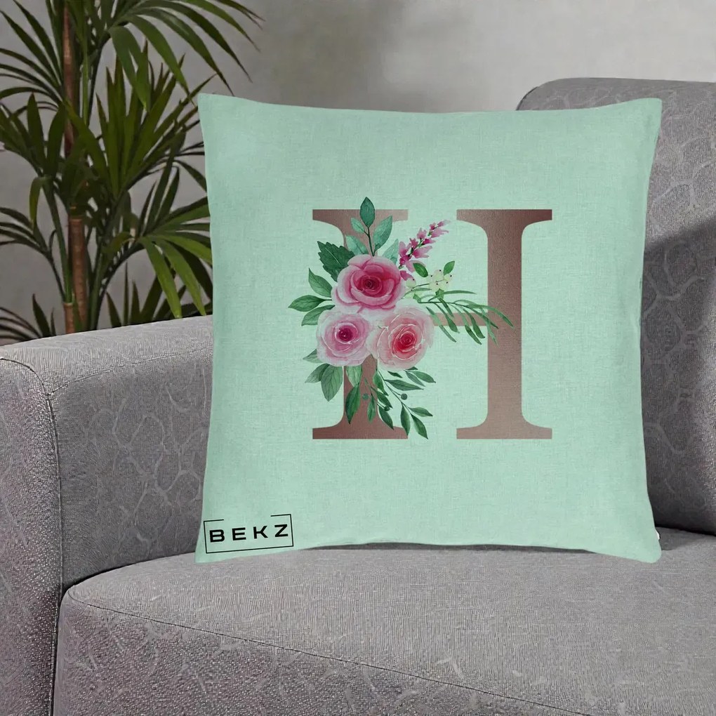 Cadou Personalizat - Perna Personalizata Monograma Rose Gold Litera H, 40x40 cm, Verde Menta, Husa Detasabila, Perna Inclusa, BEKZ®