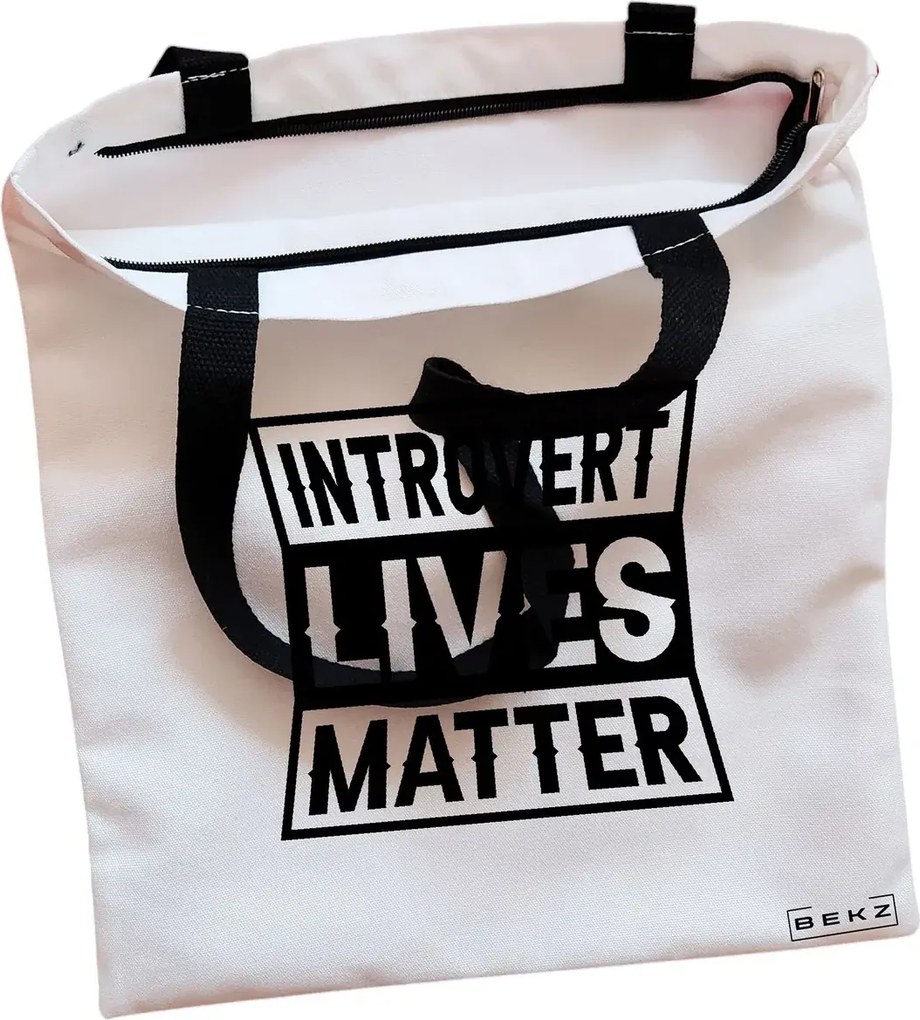 Sacosa de Panza pentru Cumparaturi, Geanta Tote, model Introvert Lives Matter, Cu fermoar, 38x34.5 cm, Alba, BEKZ®