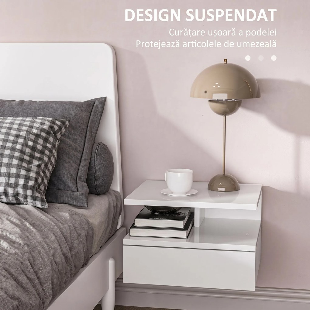 HOMCOM Set de 2 Noptiere Suspendate cu Raft Superior, Design Modern, Lemn, Alb Lucios, 35x32x22.5cm | Aosom Romania
