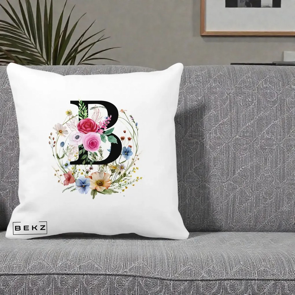 Cadou Personalizat - Perna Personalizata Monogram Litera B cu Flori Acuarela, 40x40 cm, Alba Mata, Husa Detasabila, Perna Inclusa, BEKZ®