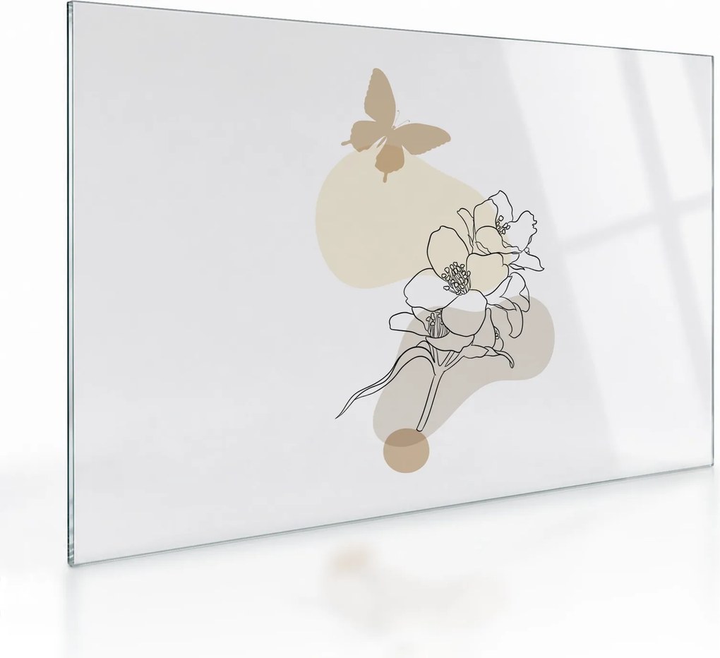 Tablou pe sticlă - Flori bej cu fluture N⁰3 (70x50 cm)
