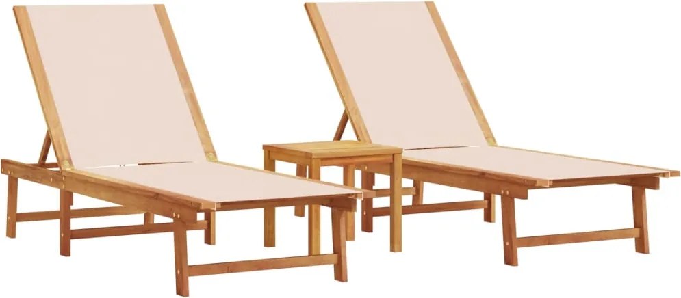 vidaXL Șezlonguri, 2 buc., crem, cu masă, lemn masiv acacia/textilenă