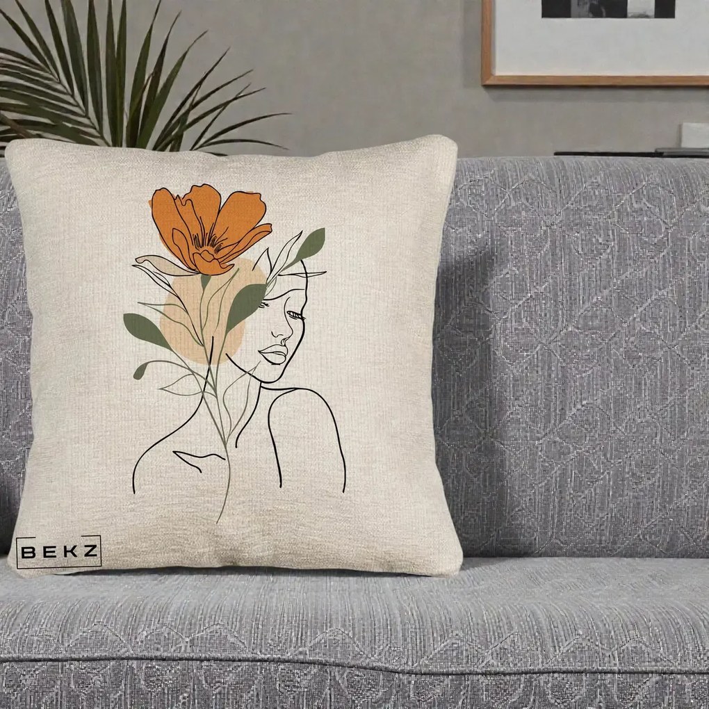 Perna Decorativa Portret Feminin Floare Portocalie, 40x40 cm, Bej Canapea, Husa Detasabila, Perna Inclusa, BEKZ®