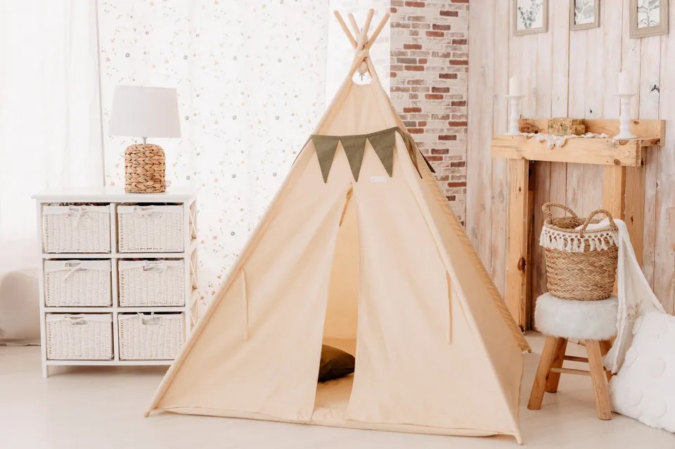 Set Cort de joaca, Beige teepee, 110x110x160 cm, salteluta, ghirlanda, 2 pernite si kit fixare