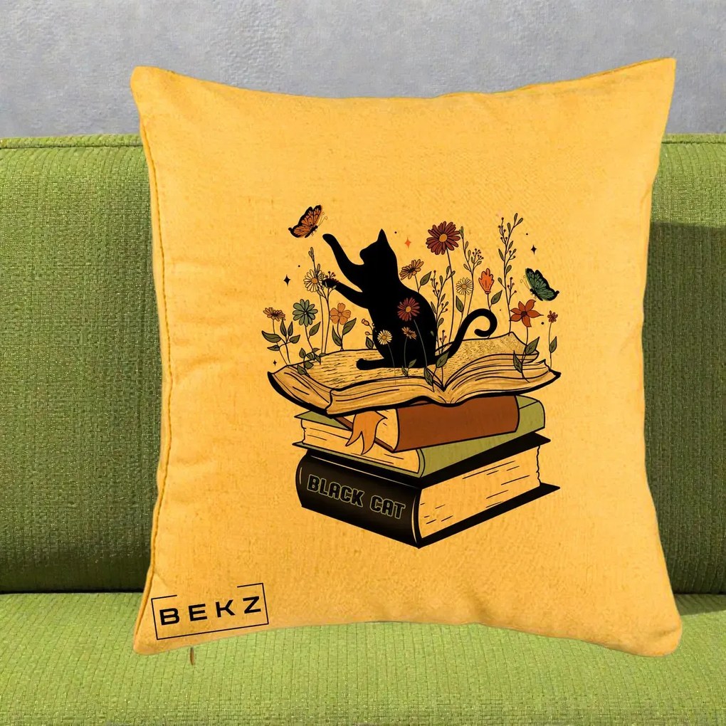 Perna Personalizata Pisica Neagra Carti Flori Fluturi, 40x40 cm, Galben, Husa Detasabila, Perna Inclusa, BEKZ®
