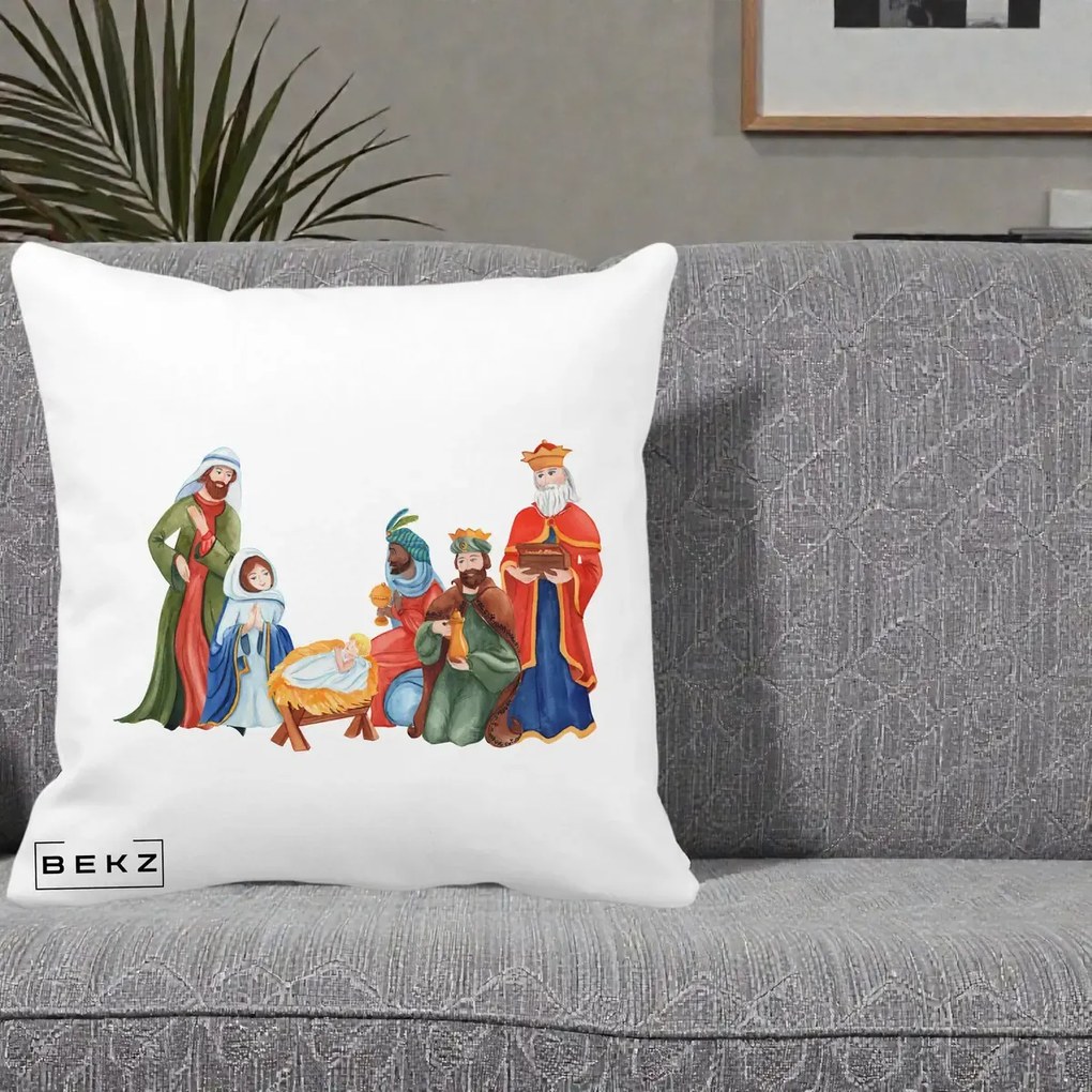 Perna Decorativa Nasterea Domnului Cei Trei Magi Acuarela, 40x40 cm, Alba Mata, Husa Detasabila, Perna Inclusa, BEKZ®