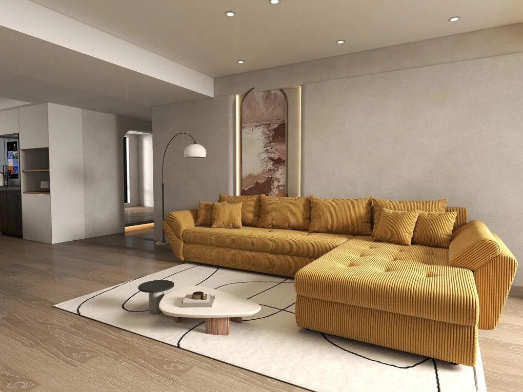 Colțar extensibil dumonde cu ladă de depozitare si sezut confortabil din spuma high-density, Loana XL Zoom Mustar II 335x185 cm