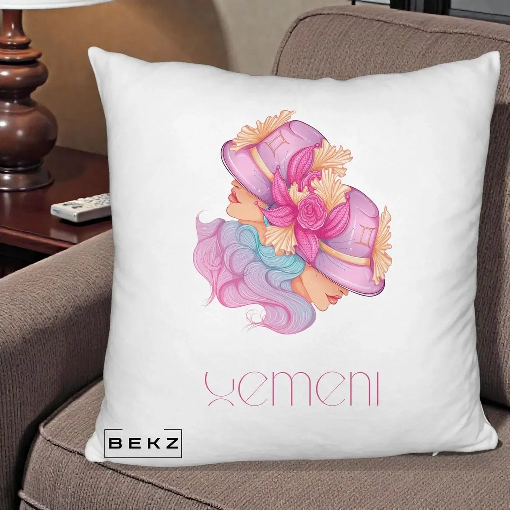 Perna Personalizata Zodie Gemeni, 40x40 cm, Alb Pufos, Husa Detasabila, Perna Inclusa, BEKZ®