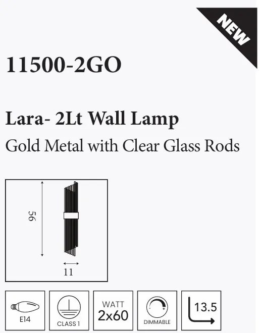 Aplica de perete metal auriu, tije din sticla Lara