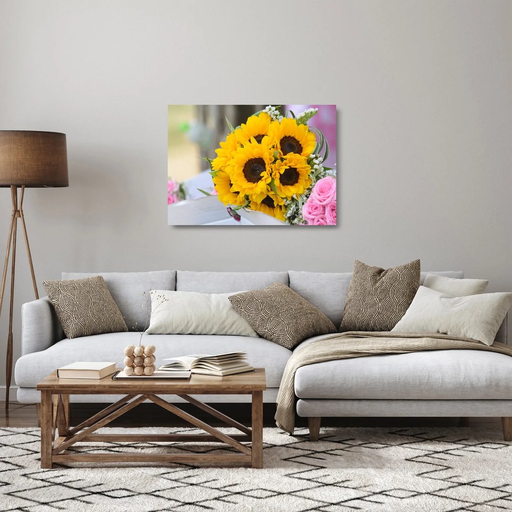 Tablou pe sticlă cu buchetul miresii de floarea soarelui (70x50 cm)