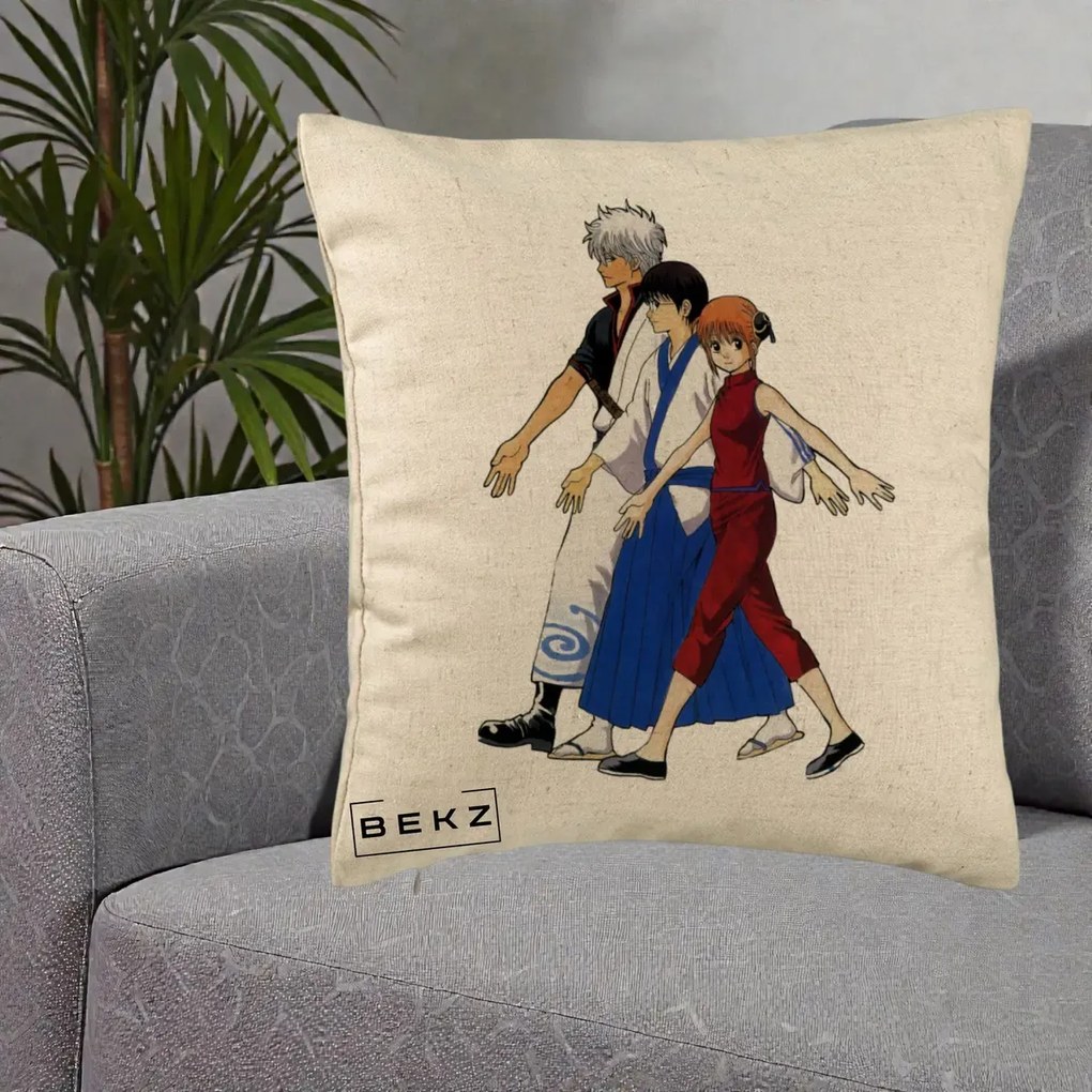Perna Personalizata Gintama Trio Gintoki Shinpachi Kagura, 40x40 cm, Bej, Husa Detasabila, Perna Inclusa, BEKZ®