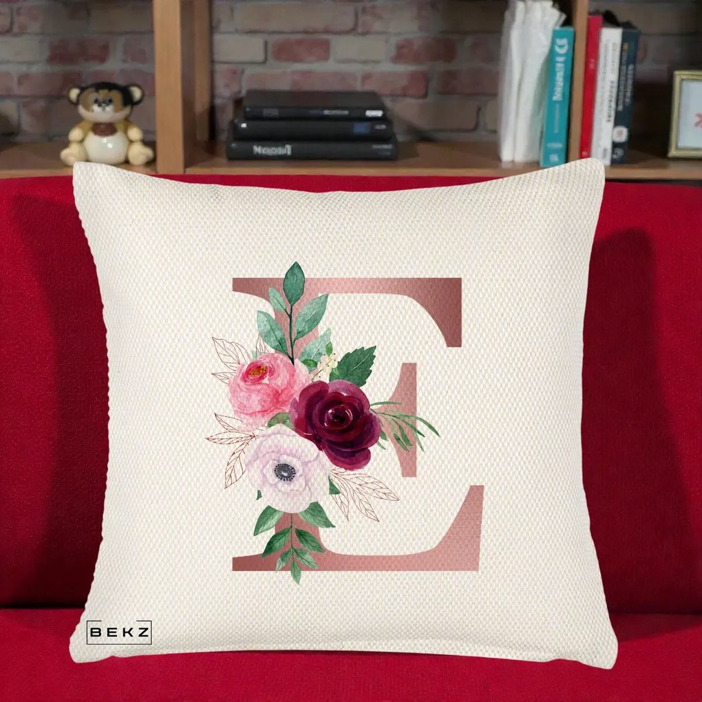 Cadou Personalizat - Perna Personalizata Monograma Rose Gold Litera E, 40x40 cm, Crem Reliefat, Husa Detasabila, Perna Inclusa, BEKZ®