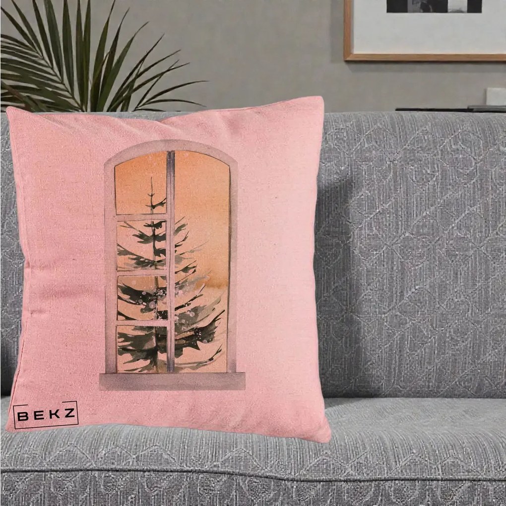 Perna Decorativa Fereastra cu Brad de Iarna, 40x40 cm, Roz, Husa Detasabila, Perna Inclusa, BEKZ®