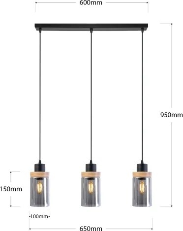 Lustră suspendată pe cablu WOODNEST 3xE27/15W/230V pin/negru fumuriu