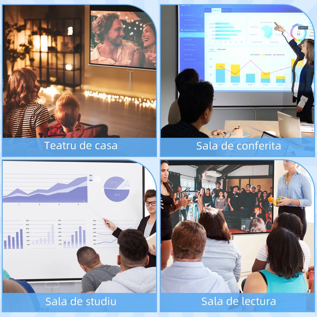 HOMCOM Ecran Proiector 100", 16:9, Montaj Perete/Tavan, Material Mat Premium, Blocare Automată, 221x124 cm, Alb | Aosom Romania