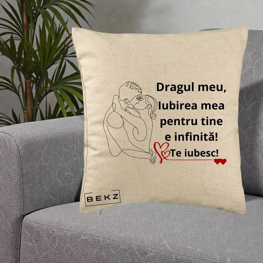 Cadou pentru Iubit - Perna Personalizata Dragul Meu Iubirea Mea pentru Tine e Infinita Te Iubesc, 40x40 cm, Bej, Husa Detasabila, Perna Inclusa, BEKZ®