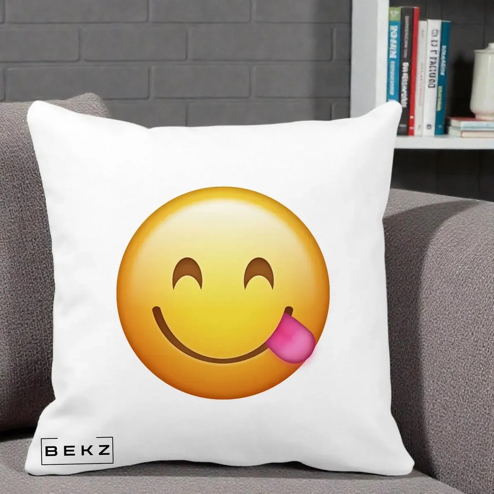 Perna Decorativa Emoji Limba Scoasa, 40x40 cm, Alba Mata, Husa Detasabila, Perna Inclusa, BEKZ®