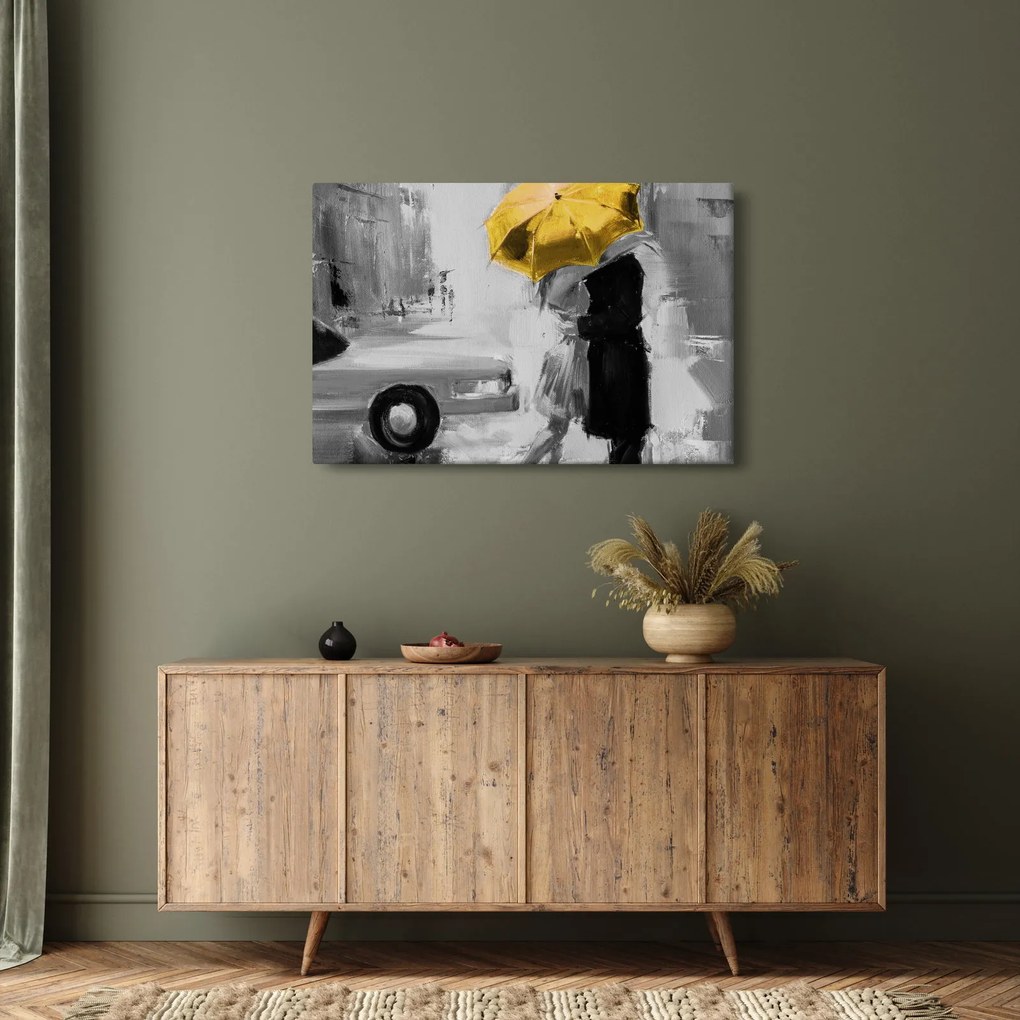 Tablou - Cuplu în dragoste sub o umbrelă, galben (90x60 cm)